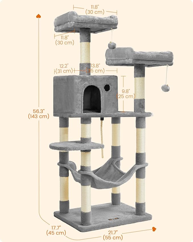 Feandrea Cat Tree, 56.3-Inch Cat Tower, Multi-Level Plush Condo with 11 Scratching Posts, 2 Perches, Hammock, Cave, Light Gray UPCT15W