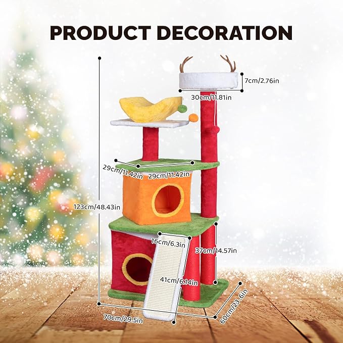 VINGLI 48.5IN Christmas Themed Plush Cat Tree, Multi-Level Cat Tower with 2 Cat Condos, Top Reindeer Antler Perch, Sisal Ramp Scratching Board & Posts, Large Indoor Cat Tree Activity Center Kittens