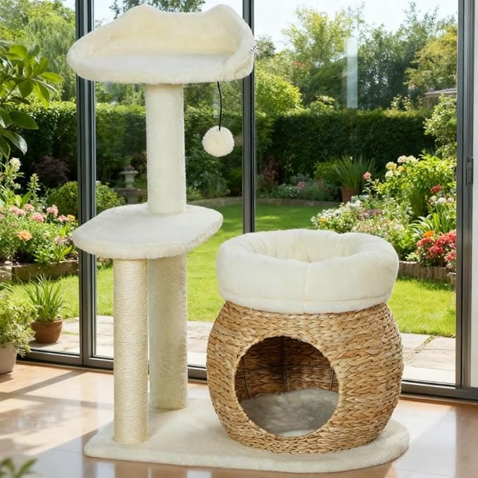 31-inch Flower Cat Tree, Large Cactus Cat Tree Tower Condo with Sisal Scratching Post, Cat Condos, Hammock, Removable Flower Cushion, Multi-Level Pet Activity Center, Pink (Cream White)