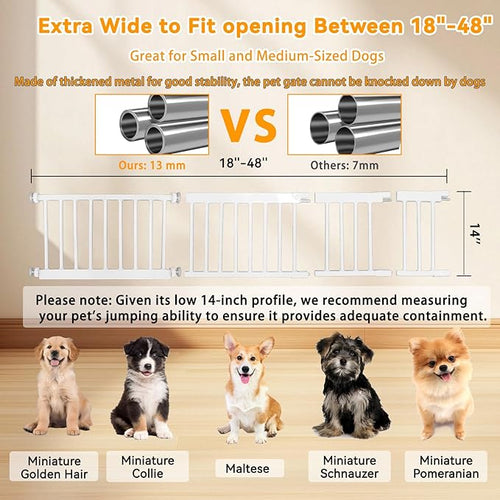 14" Height Short Dog Gate Adjustable18-48" Extra Wide Dog Gate with Small Cat Door,Pet Gate with 4 Extension Kits Pressure Mounted for Doorways & Stairs(White, 14" Height)