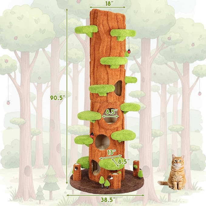 NUNU LAB Luxury Cat Tree for Indoor Cats- 90.5" Super Large Magic Forest Cat Tree Tower with Sisal Scratching Pad, Multiple Condo, Jumping Platforms and Plush Toys for Multi-Cat Household