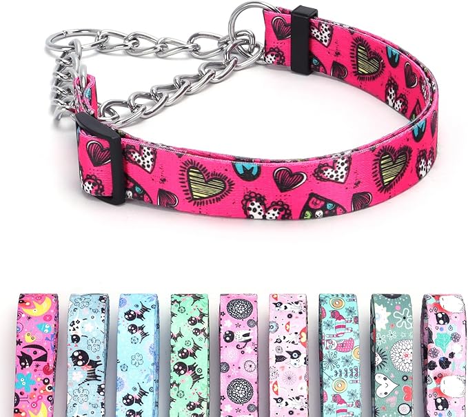 Martingale Dog Collar - Stainless Steel Chain, No Pull Training Collar with Flower Design for Large Medium Small Dogs (18, S)