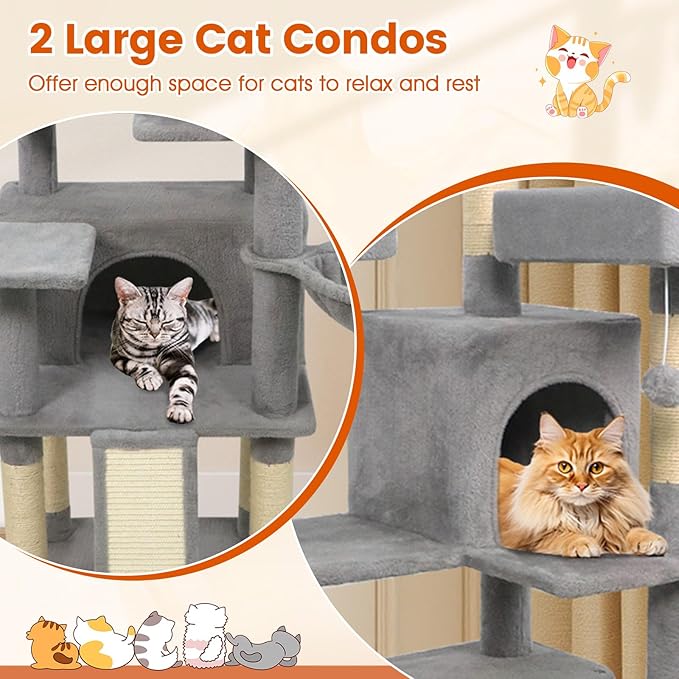 PETSITE Multi-Level Cat Tree, 65 Inches Tall with Sisal Scratching Posts, Condos, Rotatable Cat Basket, Dangling Balls, and Sisal Ladder, Ideal for Indoor Cats to Play and Rest (Grey)