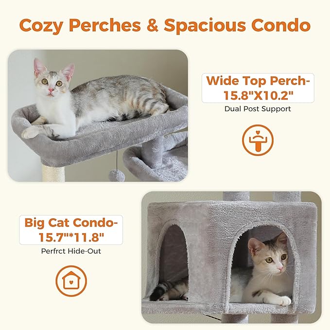 PETEPELA 69" Tall Cat Tree for Indoor Large Cats, Cat Tower for Adult Cats with Big Hammock, Cat Climbing Tree Tower with Scratching Posts, Condo House and Large Top Perch, Grey