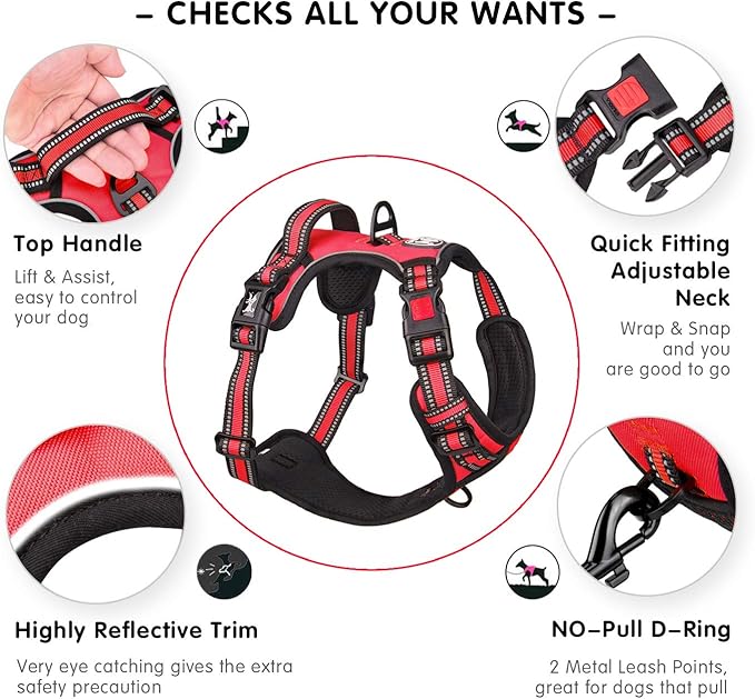 PoyPet No Pull Dog Harness, [Release on Neck] Reflective Adjustable No Choke Pet Vest with Front & Back 2 Leash Attachments, Soft Control Training Handle for Small Medium Large Dogs(Red,XS)