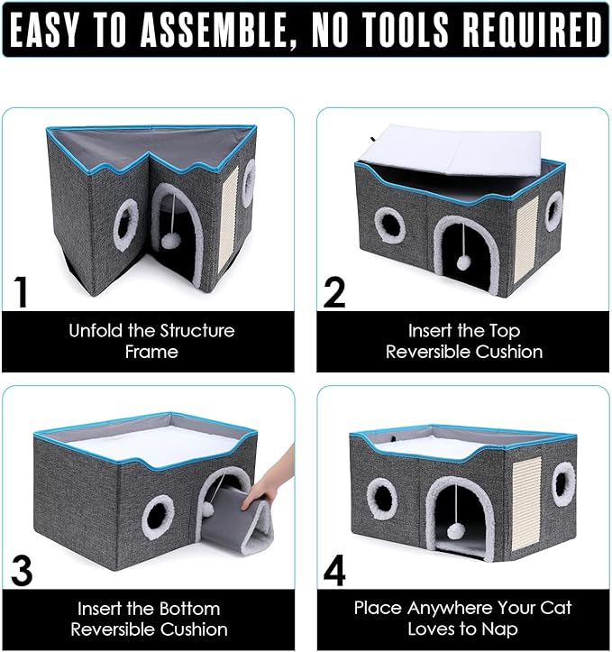 Houseables Cat House, Cat Cave Bed, Kitty House, Hideaway Pet Bed, Cathouse, Catbed, Kitten Hideout, Covered Pet Cave, Indoor Kitty Home, Hiding Spot, Enclosed Cubby Box, Fort Cube, w/Scratcher, Large