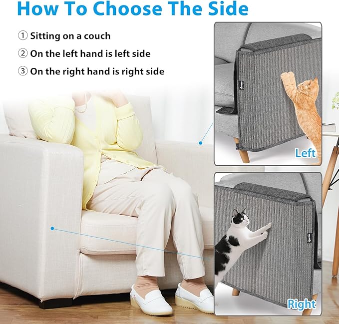 NATUYA Cat Scratch Furniture Couch Protector - Large Sisal Cat Scratching Pad Sofa Corner Arm Shield, Cat Scratcher for Sofa (All Gray, Left)