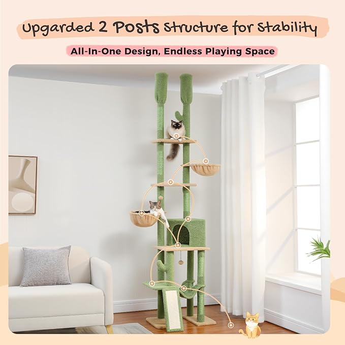 PAWZ Road Cactus Cat Tree, Floor to Ceiling Cat Tower with Adjustable Height(85-112 Inches), 7 Tiers Cat Climbing Tree with Cozy Hammocks and Condos, 5 Platforms, Scratching Posts for Indoor Cats