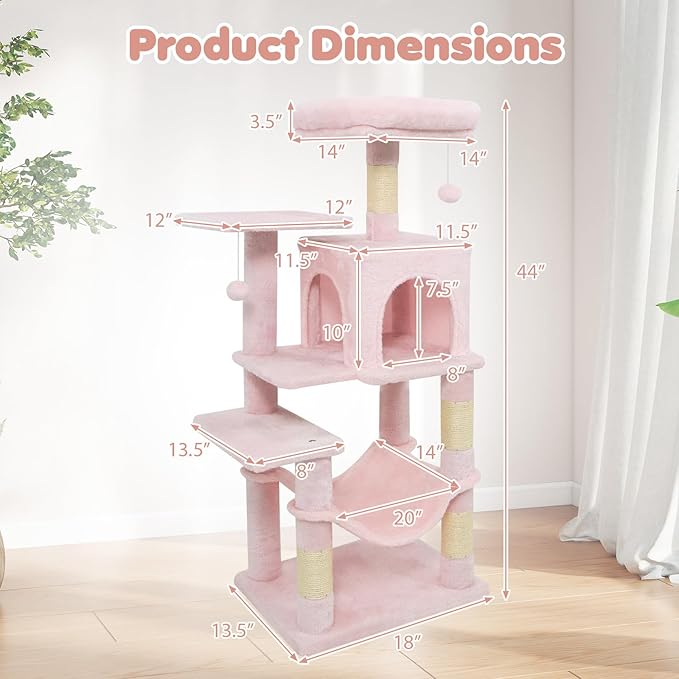 Tangkula Pink Cat Tree, 44 Inch Multi-Level Cat Tower with Sisal Scratching Posts, 2-Door Condo, Padded Top Perch & Hammock, 2 Hanging Balls, Jumping Platforms for Indoor Cats (Pink)