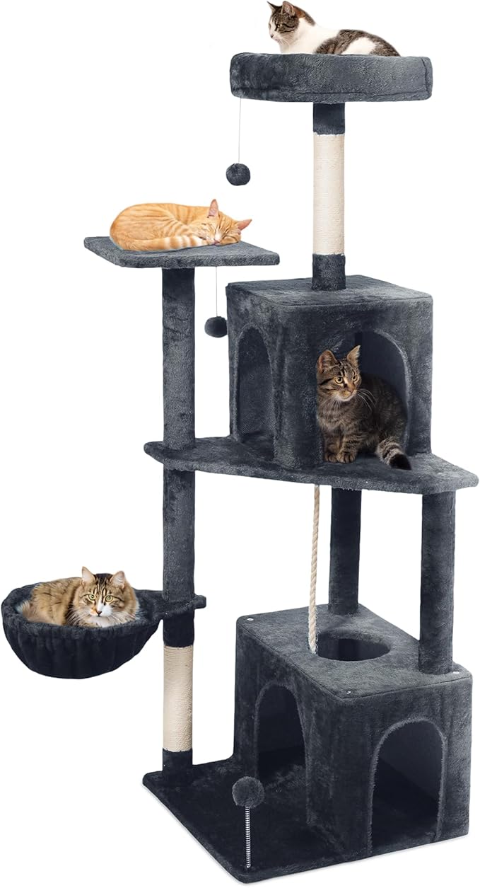 Cat Tree, 54-Inch Cat Tower for Indoor Cats,Plush Multi-Level Cat Condo with Scratching Posts, Basket, Perches,2 Caves,2 Pompoms(Dark Gray)
