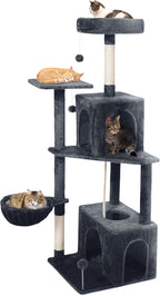 Cat Tree, 54-Inch Cat Tower for Indoor Cats,Plush Multi-Level Cat Condo with Scratching Posts, Basket, Perches,2 Caves,2 Pompoms(Dark Gray)