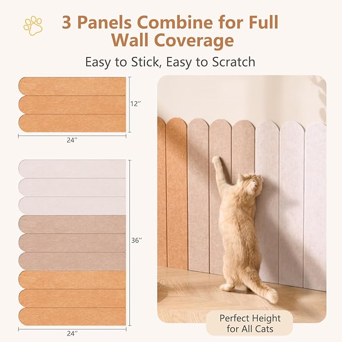 Cat Wall Scratcher, Scratching Pads, 3-Panel 0.35" Thick Felt, Scratching Post Alternative Self-Adhesive Cat Scratch Mat for Sofa/Door/Wall (Sky Blue/Rose Red/Longan Yellow