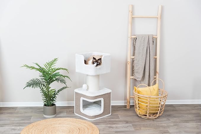 TRIXIE Ava Cat Tree with Condo, Cozy Top Platform with Removable Cushion, Dangling Cat Toy