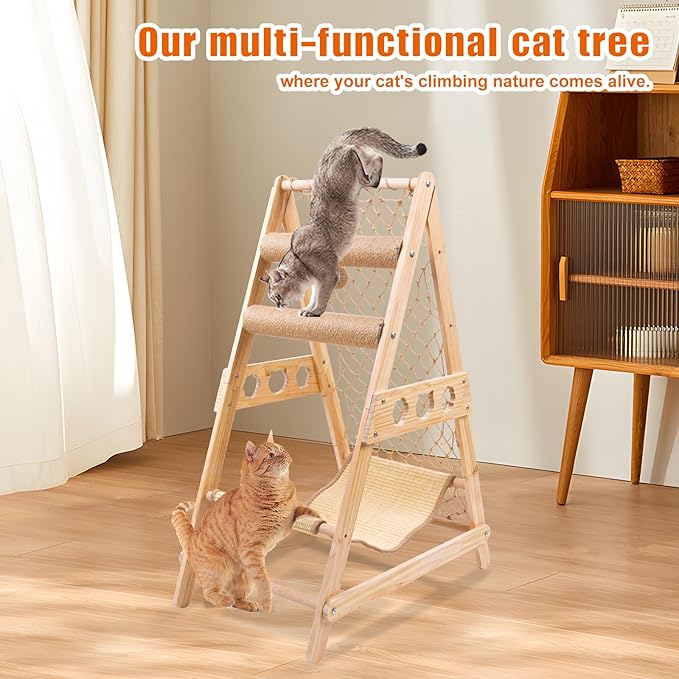 Cat Tree Ladder, Ladder Cat Tree with Hammock Scratching Post Climbing Web and Danging Sisal Ball, Cat Ladders Can Accommodate Multiple Cats and Can be Removed by The Window