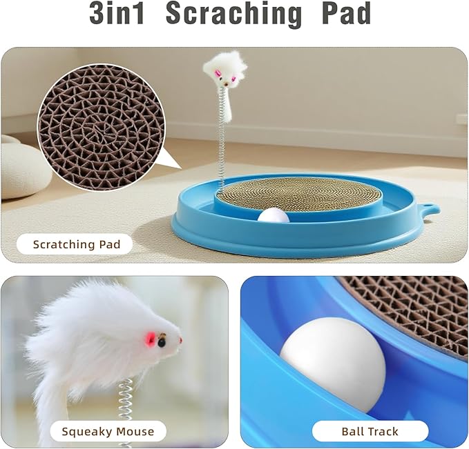 3in1 Cat Scratcher,Round 3 in 1 Interactive Kitten Toys, Scratching Pad with Ball Track and Squeaky Mouse, for Bored Indoor Adult Cats Kitty Scratching Puzzle-Blue