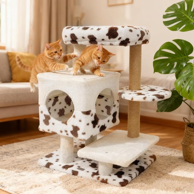 PETSITE 30-inch Small Cat Tree, Unique Cow Print Modern Cat Tree with Jute Scratching Posts, Comfy 2-Door Condo, Soft Upholstered Top Perch, Multiple Jumping Platforms, Ideal for Indoor Cats
