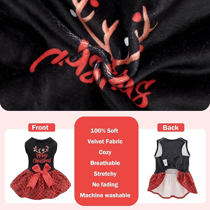 CuteBone Christmas Dog Dresses Velvet Holiday Small Dogs Clothes Onesie Pet Apparel Girl Puppy Skirt with Bow Hair Rope CVA59L-D