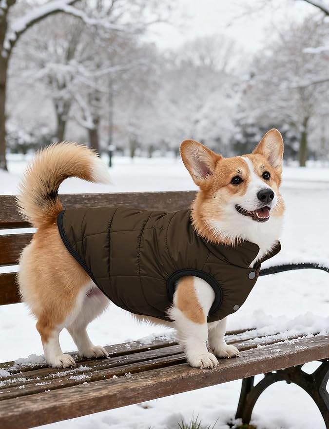 AURUZA Dog Winter Coat, Warm Waterproof Dogs Jacket Small Pet Vest for Medium Dogs Windproof Pet Fleece Vest Snow Jacket for Cold Weather(Brown, M)