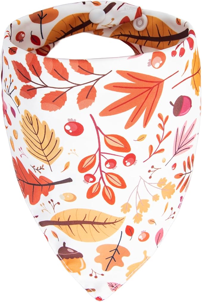 Dog Fall Bandanas - Colorful Autumn Leaves, Acorns & Berries Print, Thanksgiving Holiday Triangle Pet Scarf with Snap Button, Extra Large Breed, 75lbs+