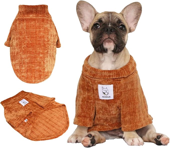 iChoue Pet Dog Winter Warm Sweater Clothes Turtleneck for French Bulldog Pug Boston Terrier Corduroy Cold Weather Pullover Coat Shirt - Coffee/Large Plus