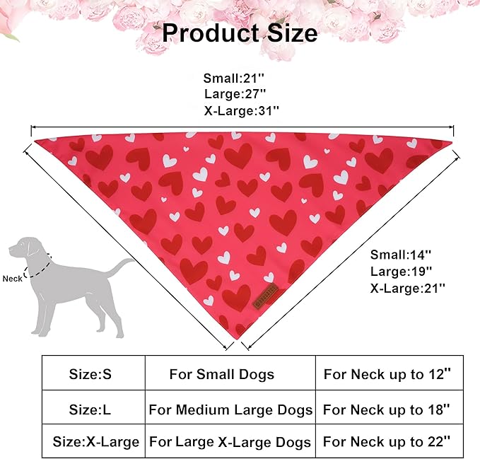 ADOGGYGO Valentine Dog Bandana, Heart and Love Pet Scarf, Premium Durable Fabric, Red Pink Valentine Bandanas for Medium Large Dogs (Large)