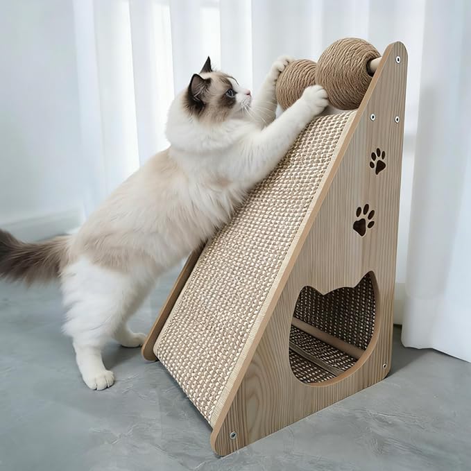 Sisal Cat Scratcher Ramp, Scratching Post Vertical Cat Toy Scratch Pad with Balls for Indoor Cats, Solid Wood Cat Furniture