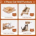 Tangkula Cat Wall Shelves, 4 Pieces Wooden Wall Mounted Kitten Furniture Set with Hammock, 2-Step Cat Tree, Non-Slip Pads, Sisal Stairs & Scratching Posts, Modern Cat Climber Steps (Natural)