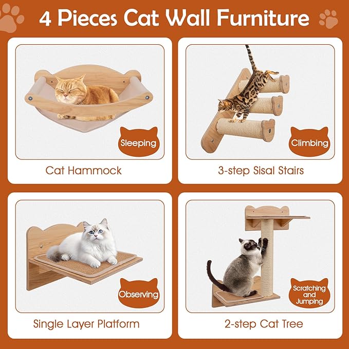 Tangkula Cat Wall Shelves, 4 Pieces Wooden Wall Mounted Kitten Furniture Set with Hammock, 2-Step Cat Tree, Non-Slip Pads, Sisal Stairs & Scratching Posts, Modern Cat Climber Steps (Natural)