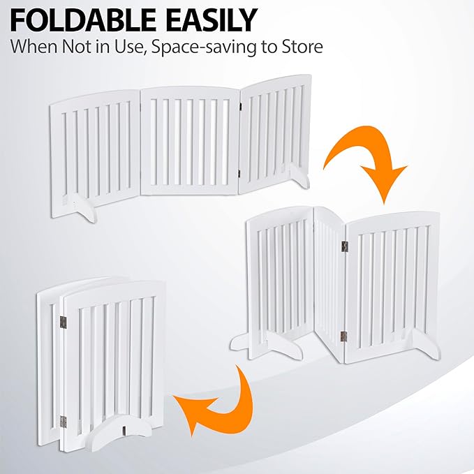 Freestanding Pet Dog Gate 24 Inch Foldable Dog Fence Indoor 3 Panel Extra Wide Wooden Door for Stairs Hallways Doorways
