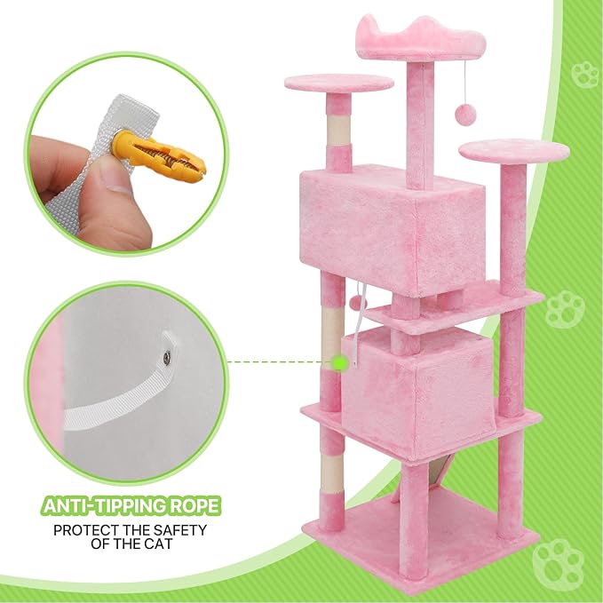 Magshion Cat Tree 60" Cats Tower for Indoor Cats, Multi-Level Cat Condo with Scratching Post, Top Perch, Sisal Board and Dangling Ball, Cat Stand Jumping Platform Kittens Pet Play House (Pink)
