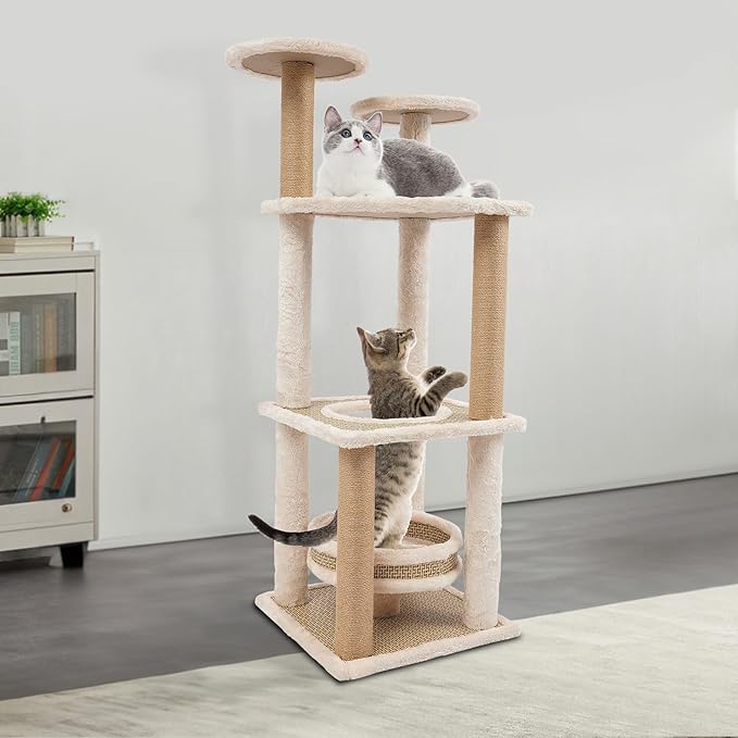 5-Tier Cat Tree, Modern Cat Tower with Rattan Mat & Enclosed Bed, Sturdy Freestanding Climbing Frame for Cats up to 16.53 lbs
