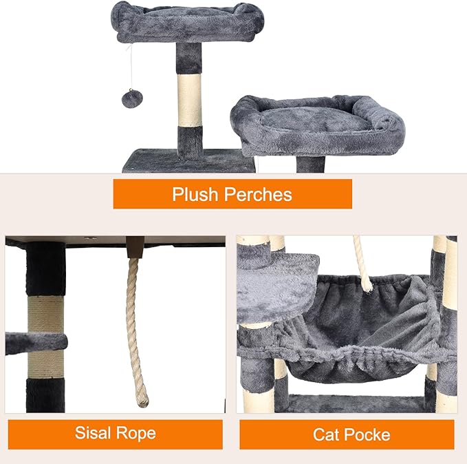 57-in Heavy-Duty Cat Tree for Large Cats, Multi-Level Tower with Sisal Scratching Posts, Plush Perch, Hammock & Condo Anti-Tip Design
