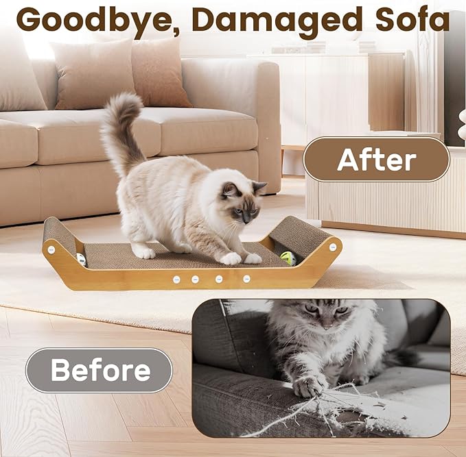 Large Cat Scratching Cardboard Pad, 24" Indoor Horizontal Corrugated Scratcher Bed with Interactive Ball Track, 2-in-1 Reversible Activity Board Lounger for Kitten Claws, Strong High Density