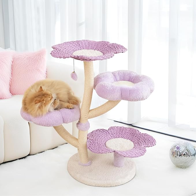 Happy & Polly 35.4 inch Woven Blossom Cat Tree, Fleece Floral Cat Tower with Sisal Scratching Post for Indoor Cats