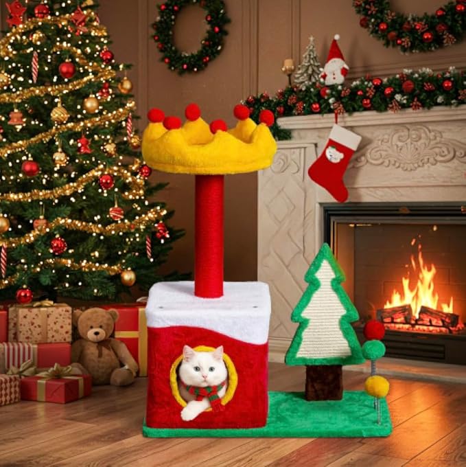 VINGLI 29.5IN Christmas Themed Plush Cat Tree, Multi Level Cat Tower with Condo, Crown Top Perch, Xmas Tree Sisal Scratching Ramp & Post, Spring Hanging Balls Indoor Kitten Cat Activity Center