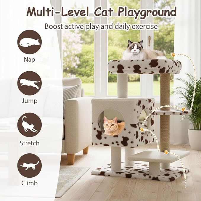 Tangkula 30 Inch Small Cat Tree, Unique Cat Tower with Jute Scratching Post, 2-Door Condo, Padded Top Perch, Jumping Platforms, Cow Print Aesthetic Cat Tree for Indoor Cats