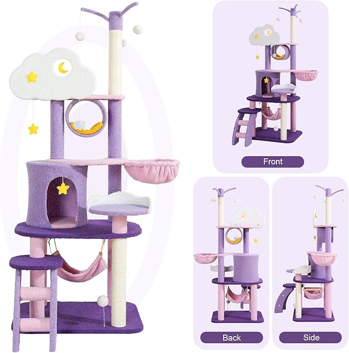 Lucky Monet Cute Cat Tower 65 Inches, Unique Cat Tree Large Tall for Indoor Cats, Purple Pink Cloud Big Cat Tree Cat Castle Mansion Condo for Large Cats Activity Trees with Scratching Post Hammock