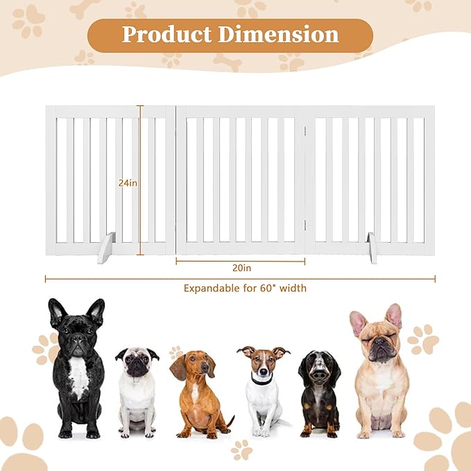 24”H Freestanding Wooden Pet Gate, Dog Gate for Stairs, Doorways, and Hallways, Step Over Foldable Pet Fence for Indoor Use, Support Feet Included, 60 inch Wide 3 Panels, White