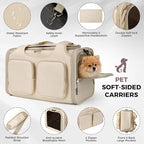 Dog, Cat Carrier for Pets Up to 12 Lbs, Airline Approved Collapsible Soft-Sided Pet Travel Bag with Locking Zippers, Breathable Mesh and 4 Large Pockets, Removable Fleece Pad (Beige)