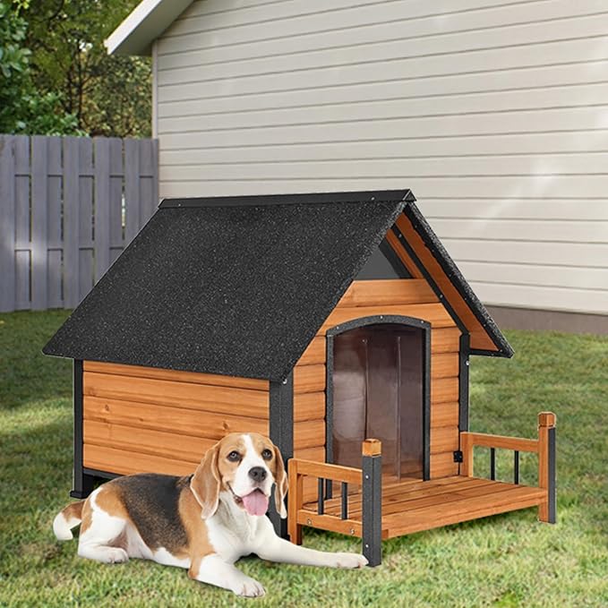 Large Dog House with Proch, Weatherproof Outdoor Kennel for Large Dogs, Chew-Resistant Iron Frame & Asphalt Roof for Outdoor (Wood, L)
