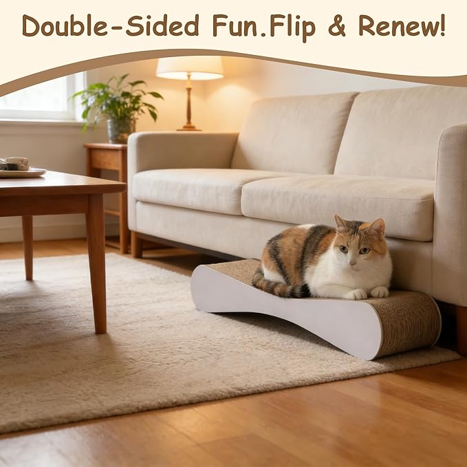 Pillow Cat Scratcher, 25.6" Large Corrugated Cardboard Scratch Pad, Double-Sided Reversible Cat Lounge Bed with White Coated Surface, Durable Scratching Board for Indoor Cats