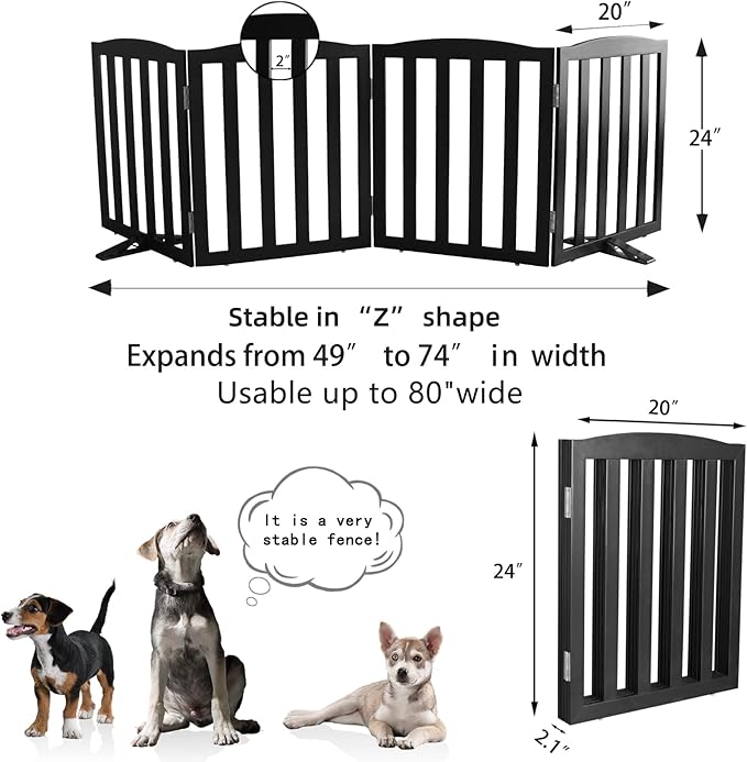 Freestanding Dog Gate Indoor,Doggie Gate Foldable Pet Gates for Doorways,Stairs or Hallways, Wooden Black Pet Gate for the House, Pet Fence with Support Feet Included,24 "Height-4 Panels