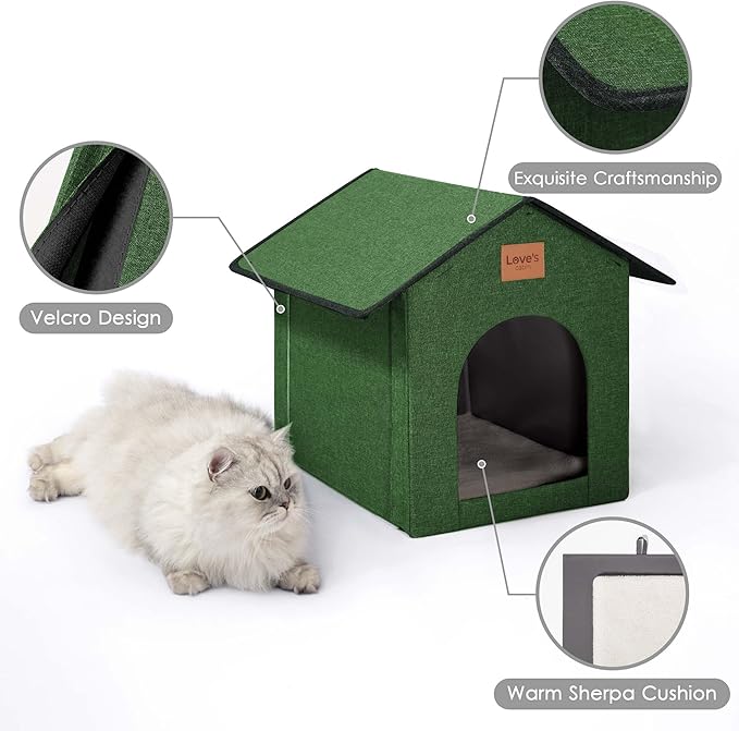 Love's cabin Outdoor Cat House Weatherproof, Insulated Feral Cat House Outdoor for Winter, Waterproof Outside House for/Indoor Cats, Shelter with Removable Soft Cushion,Green