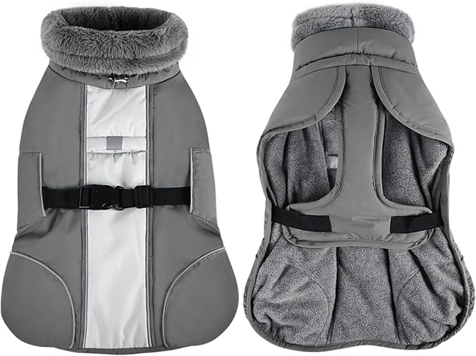 Queenmore Dog Cold Weather Coats, Fleece Collar Pet Apparel for Cold Weather, Dog Snowsuit, Cozy Winter Dogs Jackets Winter with Quick Release, Grey, XXL