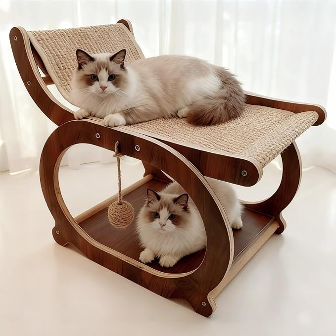 Sisal Cat Scratcher Chair, Elevated Cat Lounge Beds for Indoor Cats, Wooden Pet Hammock Couch for Scratching, Walnut