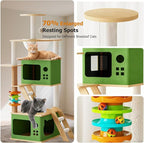 Large Cat Tree,137 Tall Wooden Cat Tower with 2 Spacious Caves,Transparent Space Capsule,8 Fully Scratching Posts and Natural Wood Posts, Kitty Condo with Multi-Layer Platform