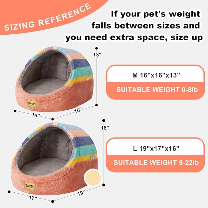 Jiupety Cute Cat Beds for Indoor Cats, Cat Cave Bed for Kittens, Hideaway Cat House & Tent with Anti-Slip Bottom, Washable Removable Cushion, M(16"x16"x13"), Rainbow