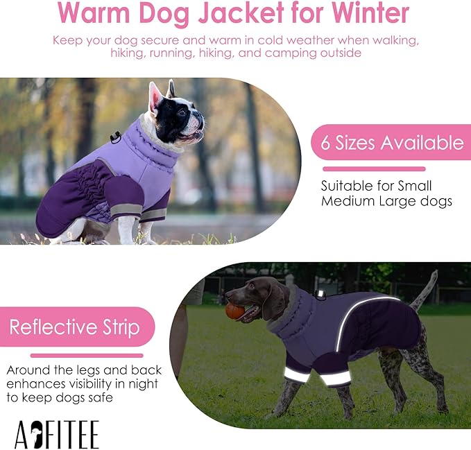 AOFITEE Dog Coat- Two Legged Large Dog Winter Jacket - Zipper Dogs Cold Weather Coat with Harness, Warm Pet Puffer Jackets Reflective Pet Snow Coats for Border Collie, Beagle, Purple XL