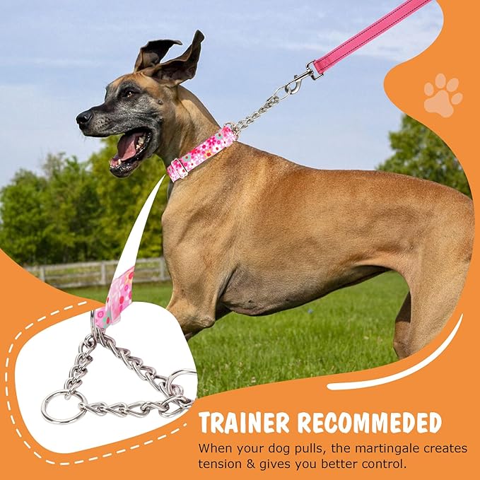 Martingale Dog Collar with Steel Chain- No Pull Escape-Proof Training Choker for Medium, Large & XL Dogs | Heavy Duty Anti-Slip Cinch Collar for Large Breed Pets, Pink (Size L)