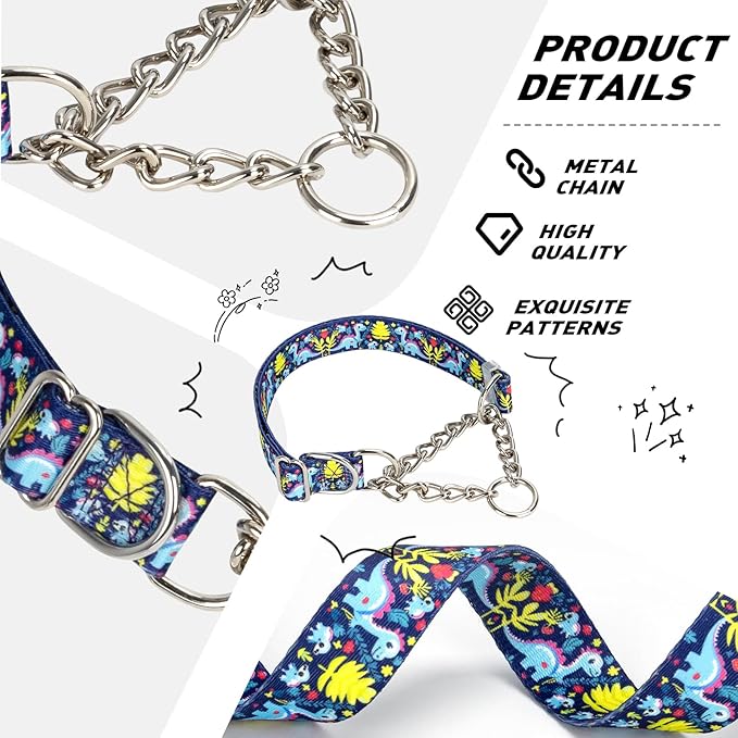 Martingale Dog Collar - Adjustable Anti-Pull Training Collar with Safe Choke Chain Design,Dinosaur Pattern for Medium,Large & XL Dogs (Dinosaur Large)